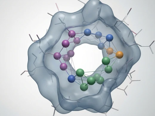 Pocket-based pharmacophore with feature spheres for hydrogen bond donors, acceptors, and hydrophobic regions.