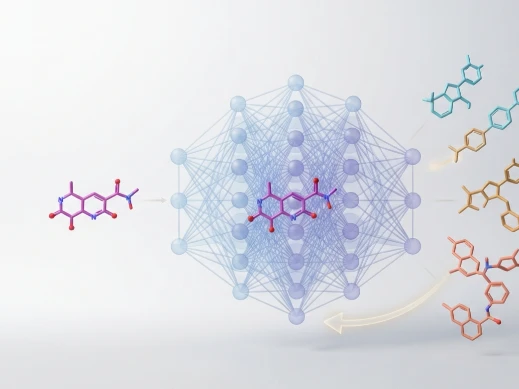 Neural network generating diverse scaffold-hop outputs from a single reference molecule via reinforcement learning.