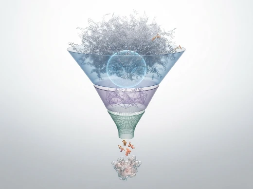 Multilevel virtual screening funnel filtering a large compound library through shape, DL, and docking stages to candidate molecules.