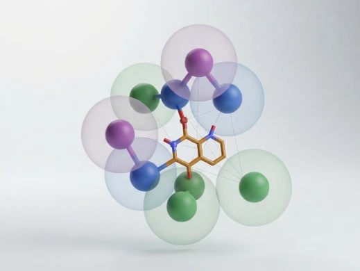 Feature-matching search showing a database molecule aligning its functional groups to a 3D pharmacophore query sphere.