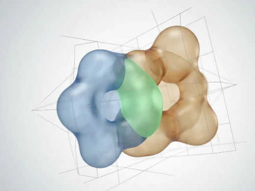 Shape-complementarity search with Gaussian volume overlap between query and database compound surfaces.