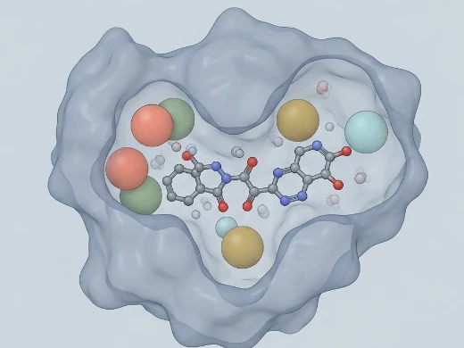 Structure-based pharmacophore mapped onto protein binding pocket with colored feature spheres.