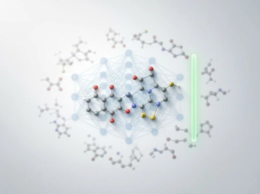 GNN-based pre-screening showing a molecular graph being processed by a neural network with similarity scoring.