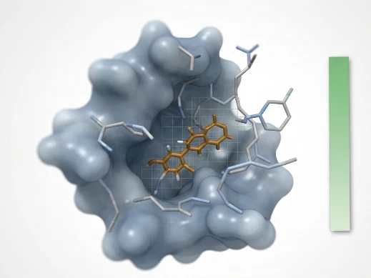 Molecular docking and scoring visualization with a ligand in a protein binding pocket and energy evaluation grid.