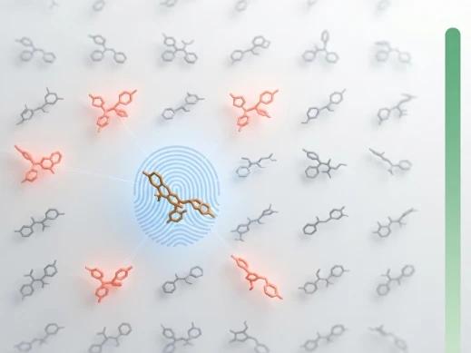 Fingerprint similarity searching with a central reference molecule and radiating fingerprint vectors connecting to similar database compounds.