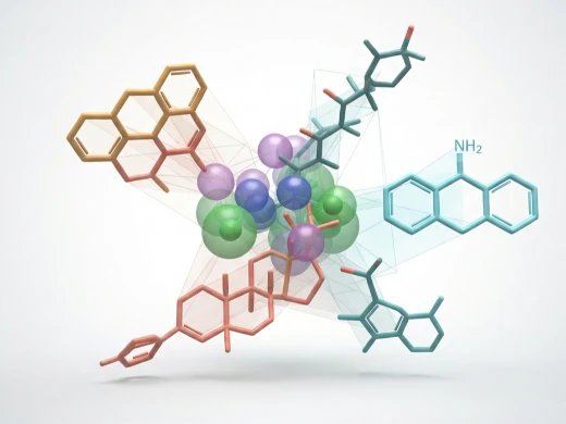 Pharmacophore searching with three overlaid actives converging on shared 3D feature spheres matched by a database molecule.