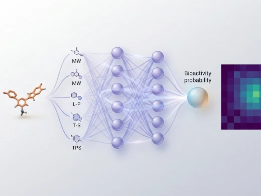 QSAR modeling neural network processing molecular descriptors into a bioactivity probability prediction with confidence heatmap.