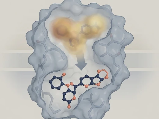 Molecular docking illustration of a ligand binding into a receptor's active site pocket.