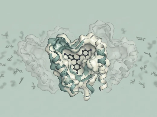 Small-molecule inhibitor bound within a protein binding cavity in ribbon representation.
