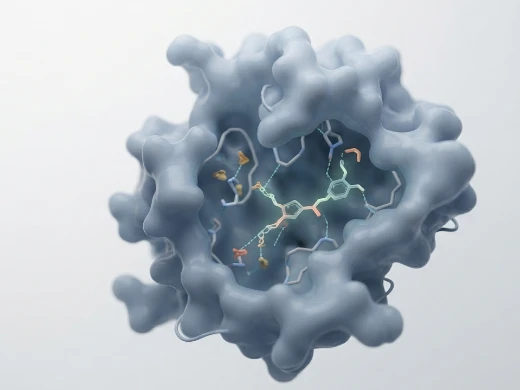 Structure-based fragment linking with two docked fragments connected by a linker chain inside a protein binding pocket.