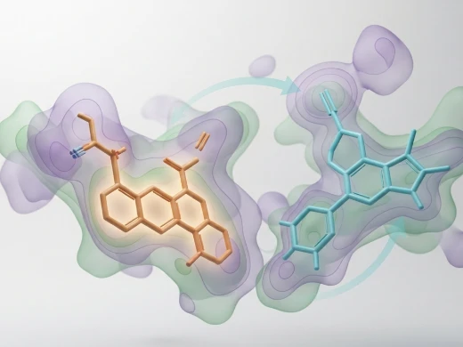 Ligand-based bioisosteric replacement showing a known active molecule and a novel scaffold with matching pharmacophore features.