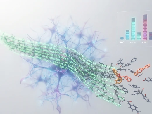 AI-driven generative design with a neural network producing novel SMILES strings and molecular structures with scoring dashboards.