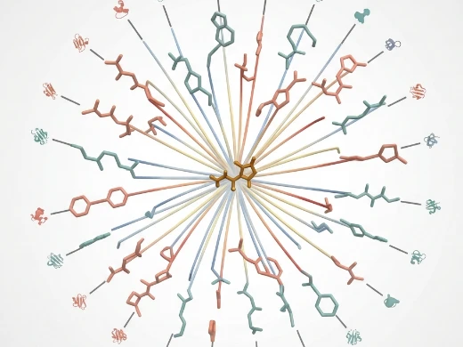 Ligand-based target fishing network map connecting a query molecule to known ligands and their protein targets via similarity lines.