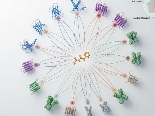 Polypharmacology profiling with a central drug molecule connected to multiple protein families by affinity-weighted lines.