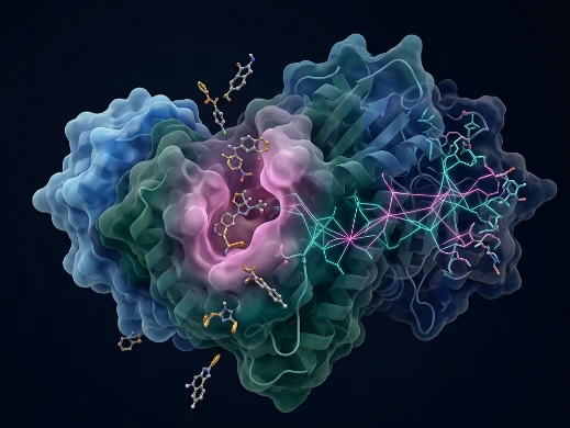 Conformational landscape revealing cryptic pockets and allosteric pathways on a protein surface.