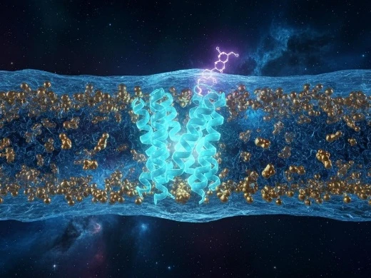 Transmembrane protein gating dynamics showing conformational transitions within a native lipid environment.