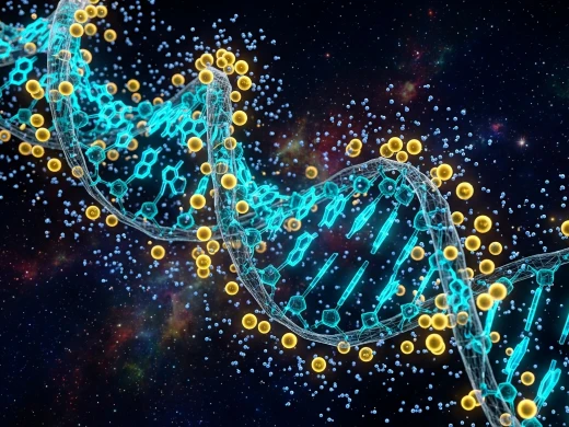 DNA double helix with ion atmosphere showing all-atom nucleic acid dynamics and long-chain flexibility.