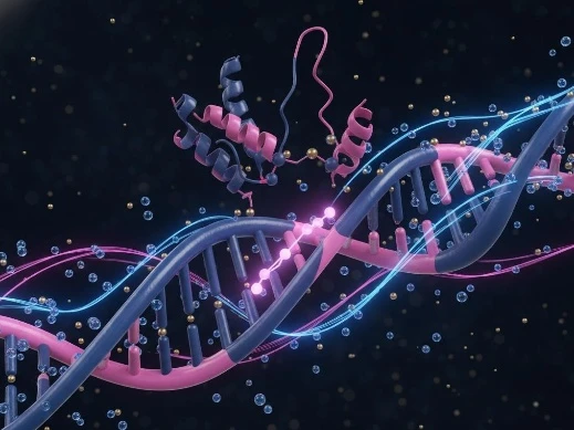 Protein-nucleic acid complex showing transcription factor or CRISPR-Cas9 binding to DNA/RNA target.