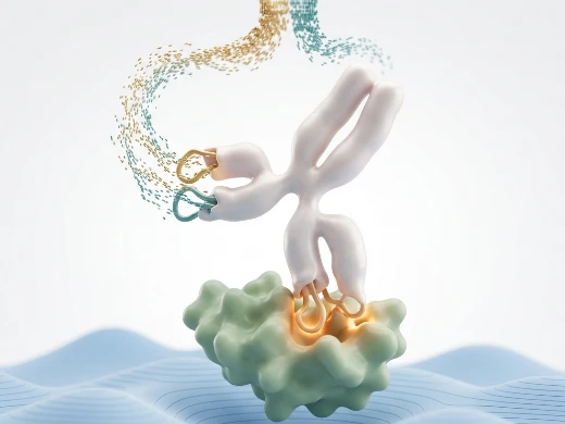 Antibody-antigen binding interface highlighting AI-assisted affinity maturation and CDR optimization.