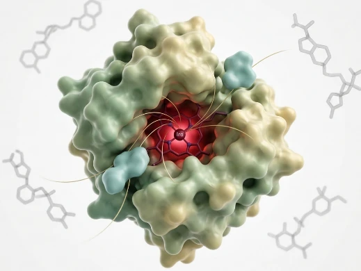 CYP450 enzyme active site with docked drug molecules for metabolism and clearance prediction.