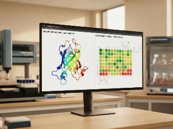 Laboratory monitor displaying AlphaFold protein structure prediction with pLDDT confidence.