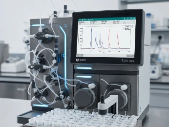 ÄKTA pure chromatography system showing UV280 elution peaks on the monitor with fraction collector tubes in the foreground.