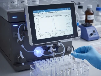 Close-up of a NanoTemper Prometheus NT.48 instrument displaying a thermal unfolding profile with Tm annotation.