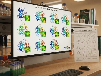 Laboratory monitor displaying a 3D grid of predicted protein-ligand binding poses from AlphaFold3 virtual screening, with confidence scores color-coded from red to blue.