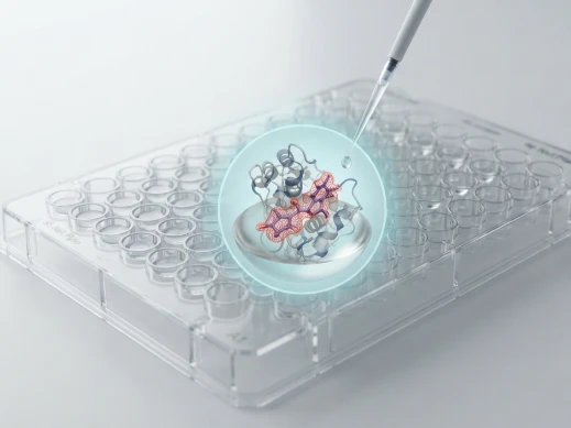 Automated crystal screening robot dispensing crystallization drops into a 96-well plate.
