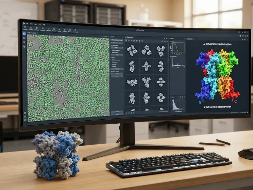 Curved ultrawide monitor displaying cryo-EM 2D class averages with deep-learning particle picking overlays, alongside a 3D density map reconstruction in rainbow coloring.