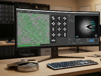 Laboratory monitor displaying a MicroED diffraction pattern with indexed reflections and a 3D reciprocal lattice reconstruction.