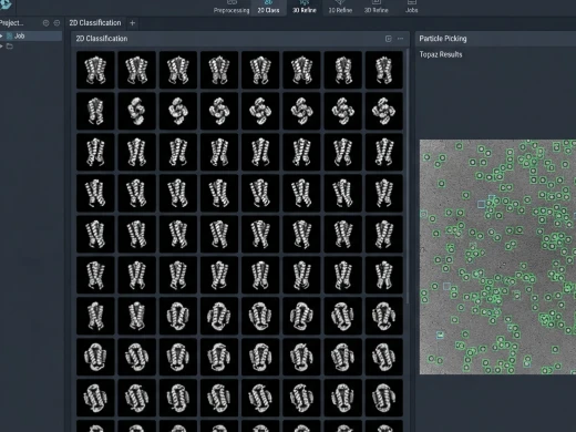 Deep learning particle picking interface showing 2D class averages of a membrane protein.