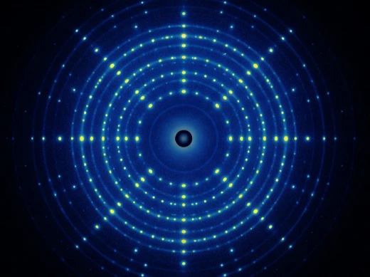 Micro-ED diffraction pattern from a sub-micrometer protein crystal with sharp high-resolution reflections.
