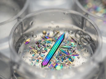 Top-down view of a SampleJet automated NMR tube changer carousel with color-coded 5-mm tubes containing 13C/15N-labeled protein samples.
