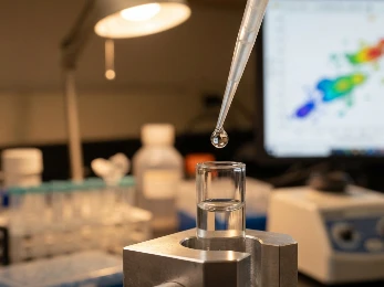 Macro close-up of a 5-mm thin-walled NMR tube held by a pneumatic sample insertion mechanism, with cryogenic condensation on the glass exterior.