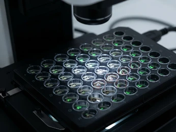 96-well zebrafish embryo plate under high-content imager capturing cardiotoxicity phenotypes.
