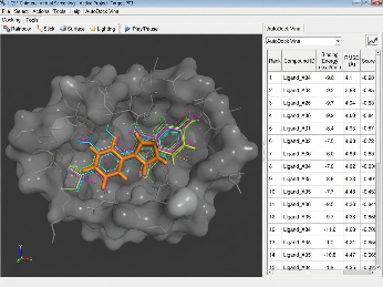 UCSF Chimera interface showing AutoDock Vina molecular docking poses in a protein binding pocket.