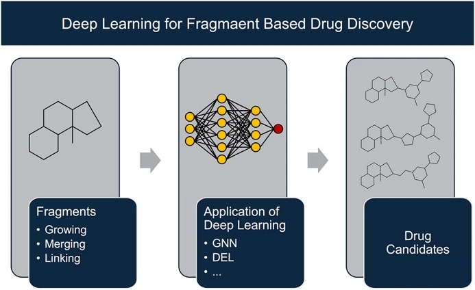 Figure 1. A schematic overview of how deep learning transforms molecular fragments into drug candidates.