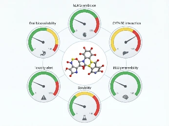 ADMET risk prediction dashboard with property gauges.